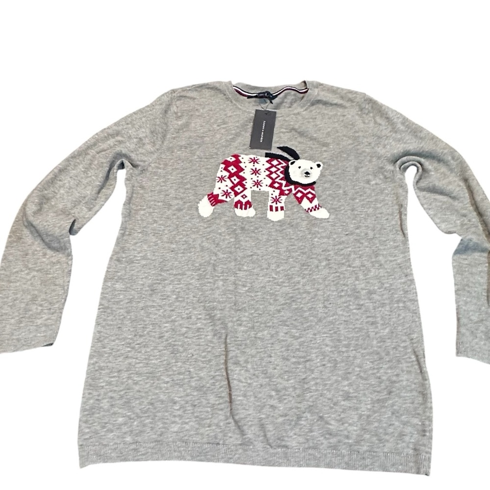 Tommy Hilfiger Nordic Style Polar Bear Sweater Large Gray Red Cotton‎ Wool Blend